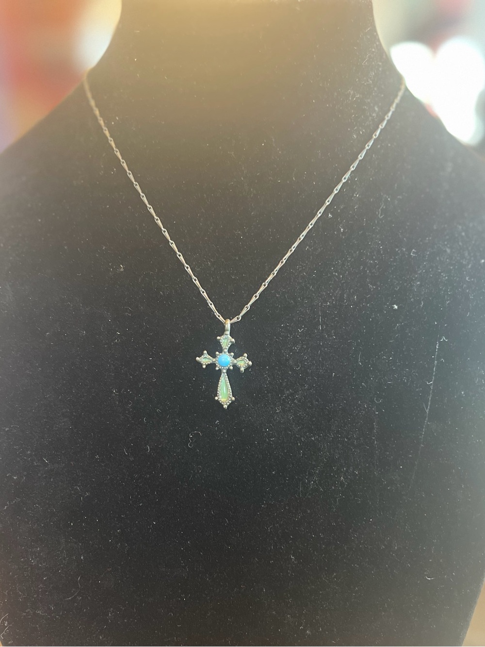 Brass Cross Necklace with Blue-Green Opal Accents